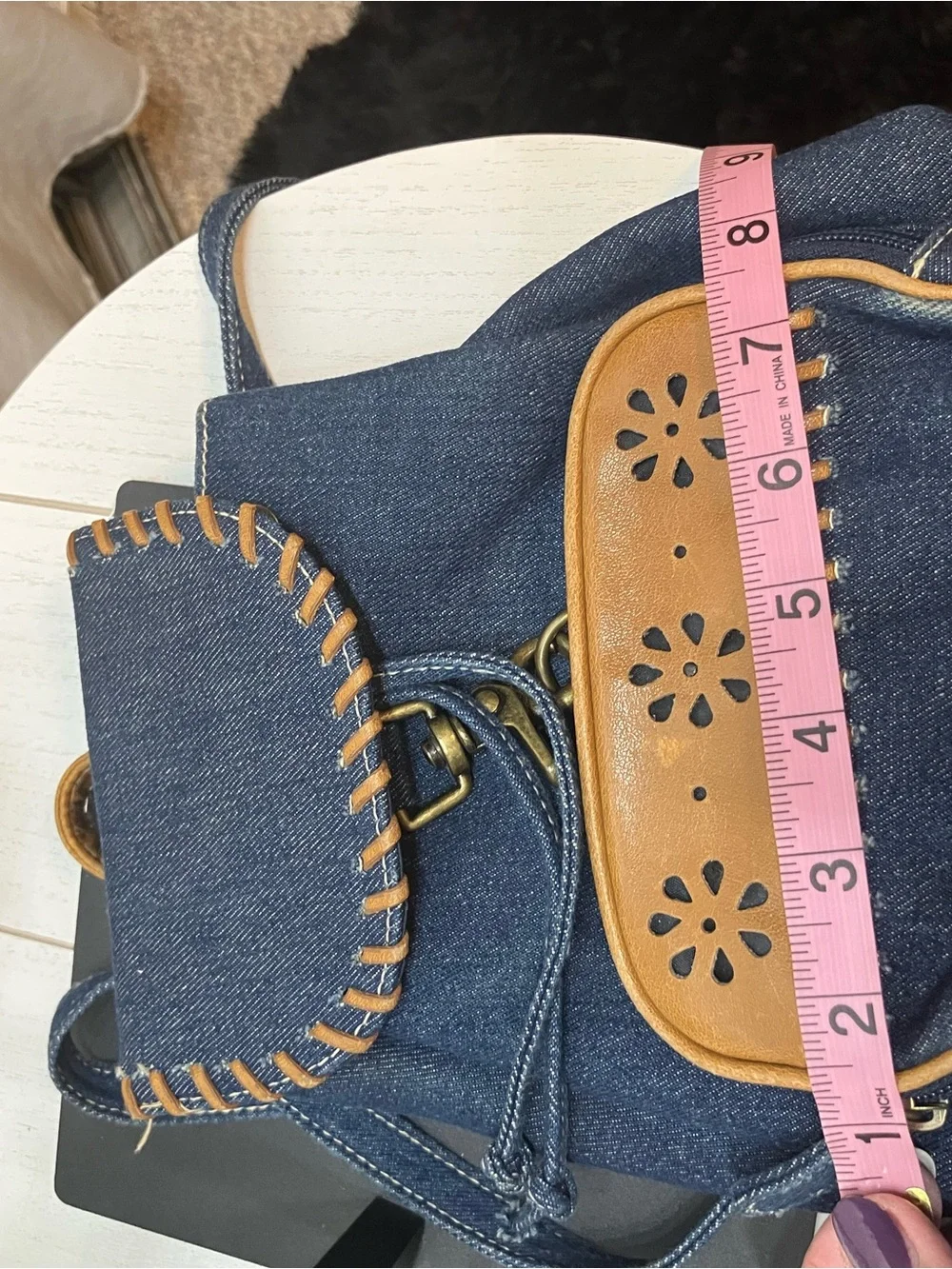 Denim Backpack with Tan Leather Accents - Casual Women's Daypack